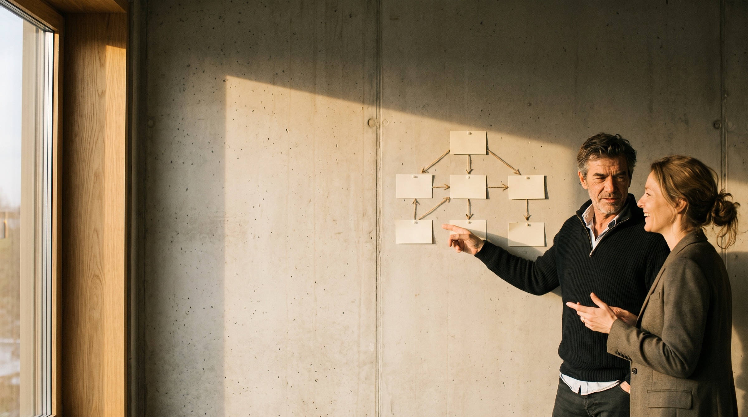 An operations advisor walking a business owner through a process flow pinned to a sunlit concrete wall. Generated placeholder; the final photograph is of the founder with a client.